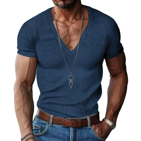 Men's Solid Color Corduroy V Neck Short Sleeve T-shirt 84493795Z