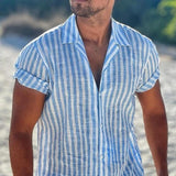 Men's Cotton And Linen Striped Short-Sleeved Shirt 75036253Y