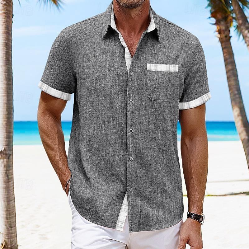 Men's Casual Cotton Linen Plaid Patchwork Lapel Slim Short-sleeved Shirt 19702686M