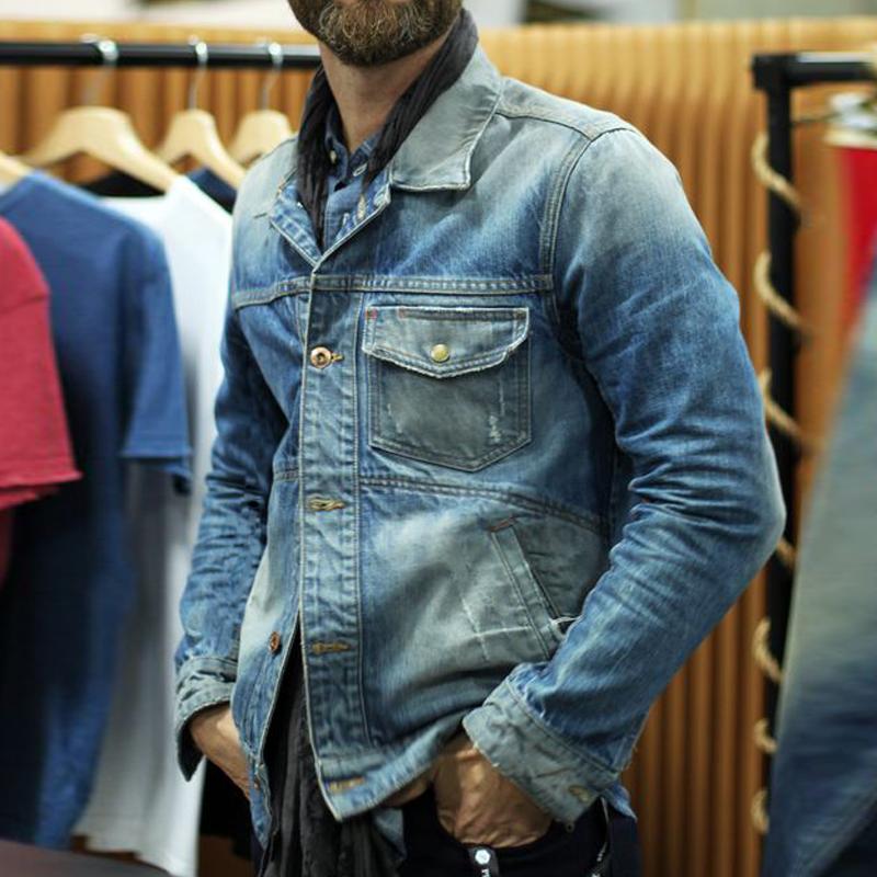 Hommes'S Veste en jean délavée vintage à col blazer et poches multiples 22821320Y