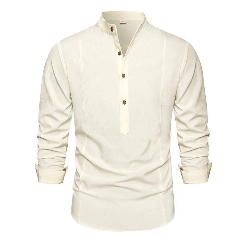 Men's Solid Color Simple Stand Collar Loose Casual Long Sleeve Shirt 01867878X