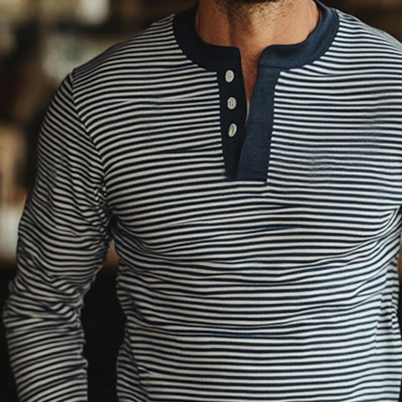 Men's Blue and White Striped Three-button Long-sleeved T-shirt 85058431U