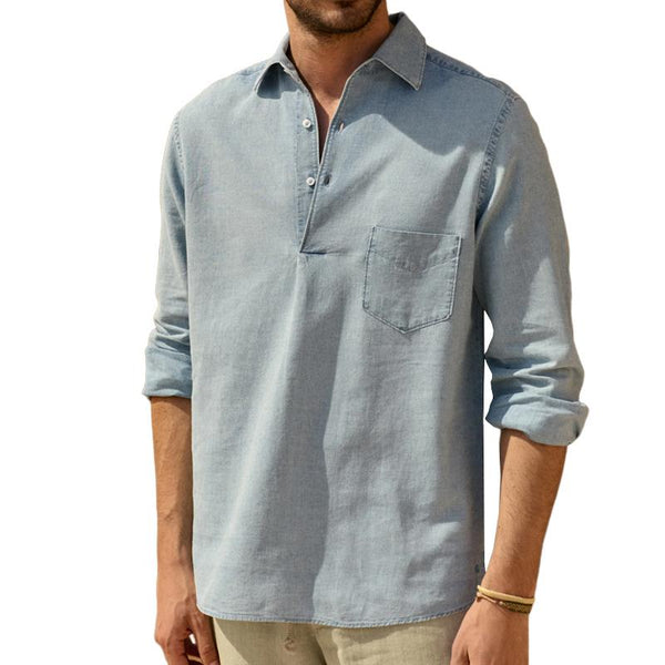 Men's Casual Cotton Linen Loose Lapel Pullover Long-sleeved Shirt 06411838M
