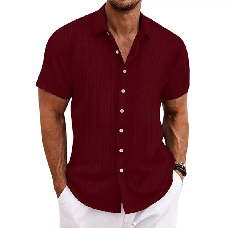 Men's Cotton Linen Stripe Print Loose Short Sleeve Lapel Shirt 89995369X