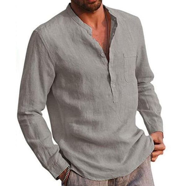 Men's Casual Cotton Linen Solid Color Henley Collar Long Sleeve Shirt 47322819M