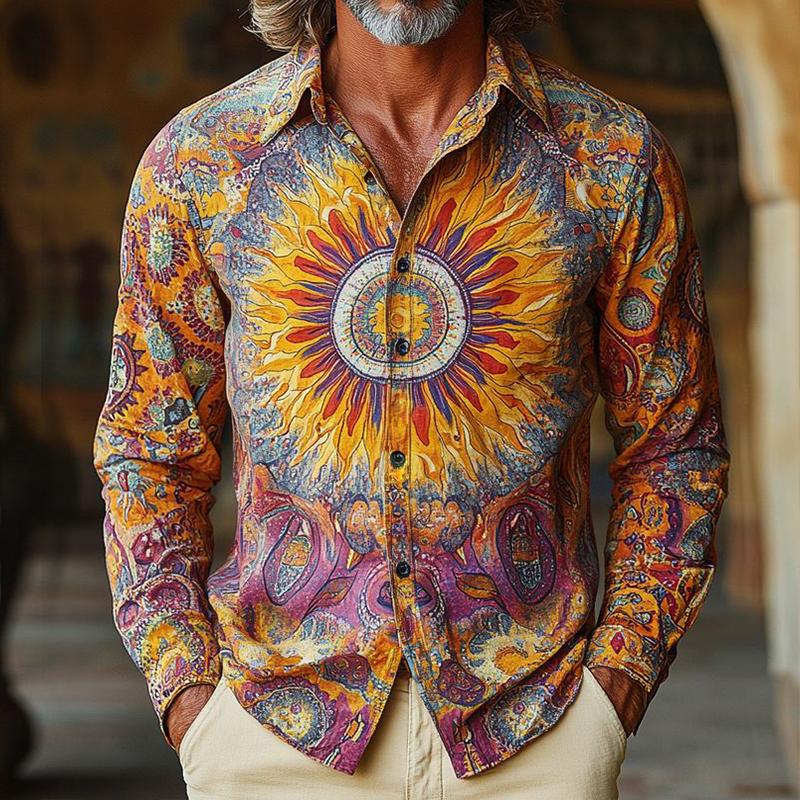 Men's Retro Casual Sun God Print Lapel Long Sleeve Shirt 77477760TO