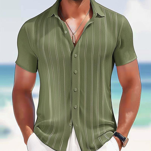 Men's Casual Striped Patchwork Lapel Single-Breasted Short-Sleeved Shirt 01293118M
