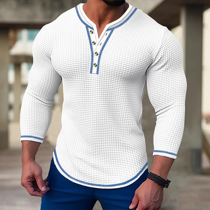 Men's Waffle Long Sleeve Casual Henley T-Shirt 09590950X