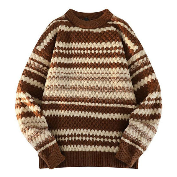 Men's Vintage Stripe Colorblock Round Neck Long Sleeve Pullover Sweater 32321174M