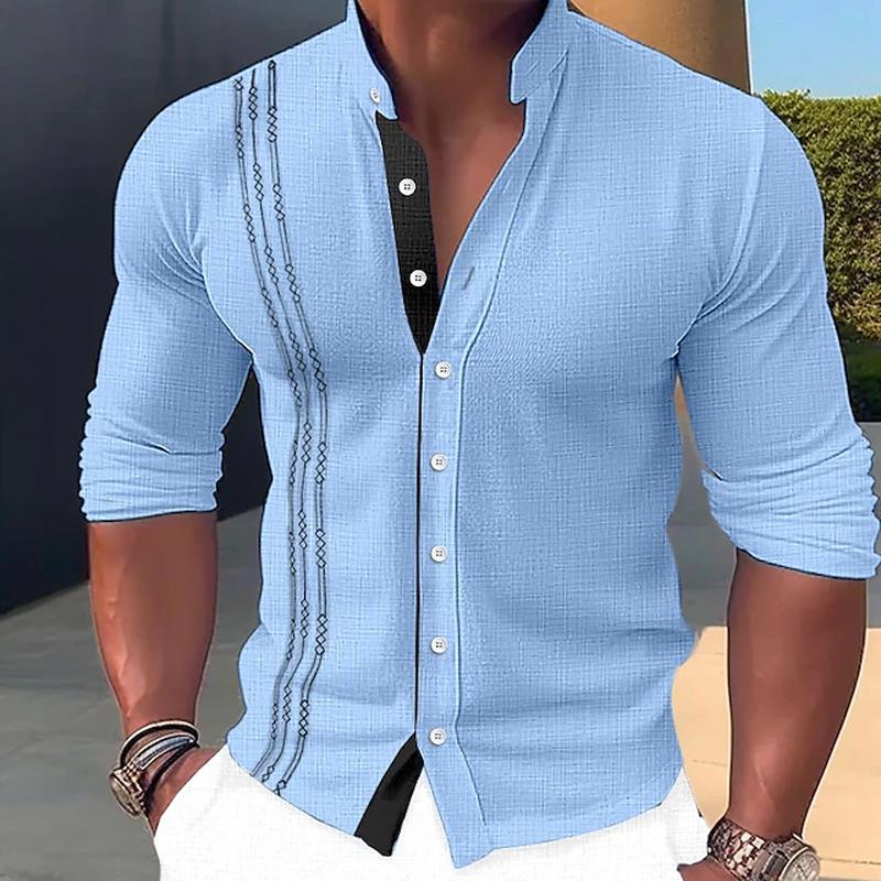 Men's Casual Summer Stand Collar Button Long Sleeve Shirt 40253749M