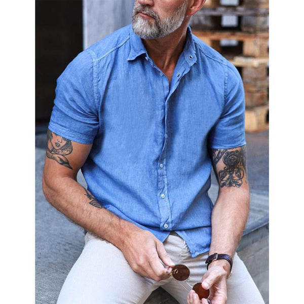 Men's Casual Solid Color Lapel Short-Sleeved Shirt 59639043Y