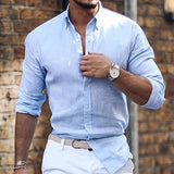 Men's Casual Cotton Linen Solid Color Long Sleeve Lapel Shirt 29530875M