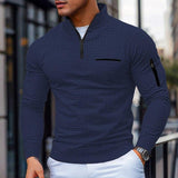 Men's Casual Waffle Zipper Stand Collar Long Sleeve Polo Shirt 75379500Y