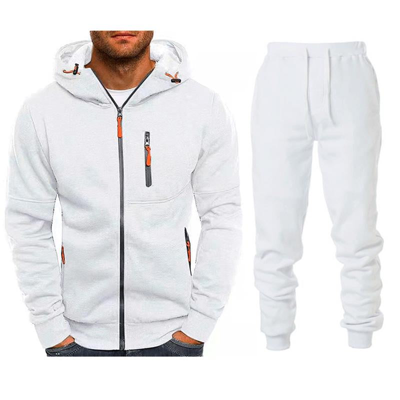 Men's Sports Zip-up Sweatshirt Hooded Trousers Solid Color Two-piece Set 66585624X