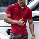 Men's Business Casual Solid Color Vertical Stripe Short Sleeve POLO Shirt 64151606Y