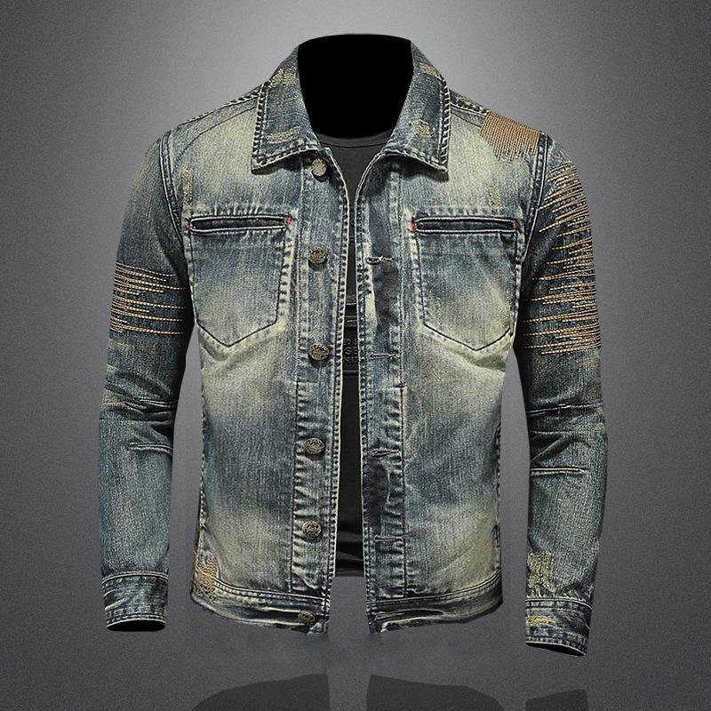 Men's Vintage Washed Lapel Slim Fit Denim Motorcycle Jacket 11204882M