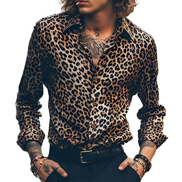 Men's Vintage Leopard Print Lapel Long Sleeve Shirt 18738107M