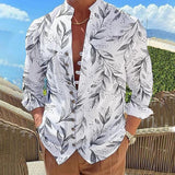 Men's Casual Stand Collar Leaf Printed Button Long Sleeve Shirt 00671878M