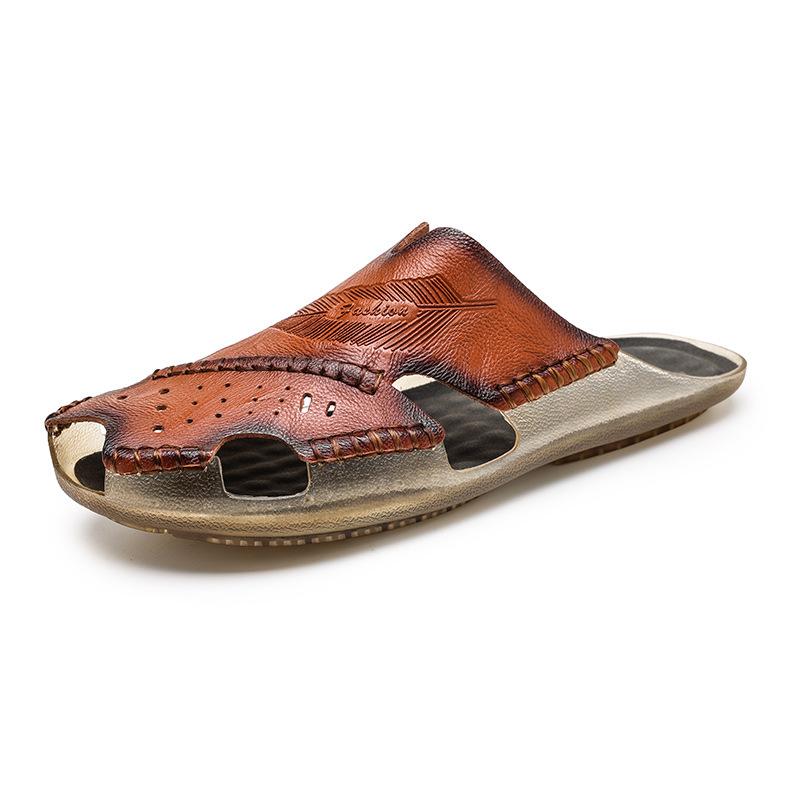 Men's Vintage Cowhide Non-slip Hollow Toe Cap Slippers 21826149M