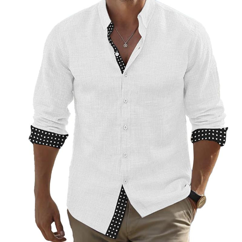 Men's Casual Contrast Color Cotton And Linen Lapel Long-Sleeved Shirt 73140152Y