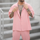 Men's Fashion Loose Pink Lapel Short Sleeve Shirt Trousers Set 86171714Z