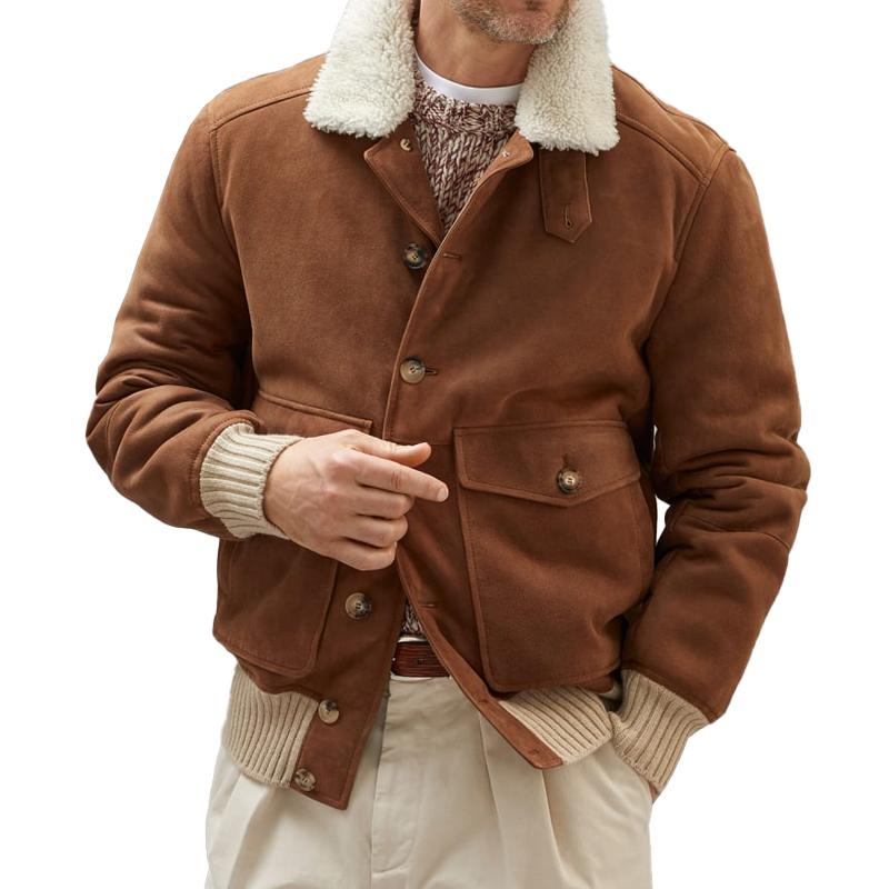 Men's Vintage Fur Collar Flap Pockets Suede Single Breasted Padded Jacket 35263238M
