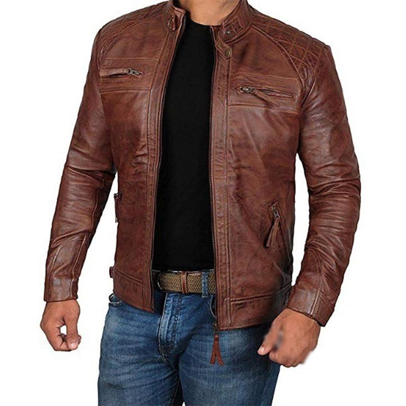 Men's Vintage Stand Collar Zipper Slim Fit Leather Biker Jacket 91469173M