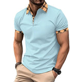Men's Casual Lapel Plaid Pattern Slim Fit Short Sleeve Polo Shirt 22986614M