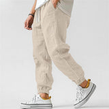 Men's Solid Color Cotton And Linen Elastic Waist Casual Pants 02919946Z