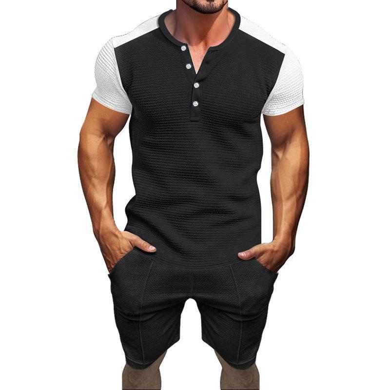 Men's Waffle Colorblock Henley Collar Short Sleeve T-Shirt and Shorts Set 66840871Y