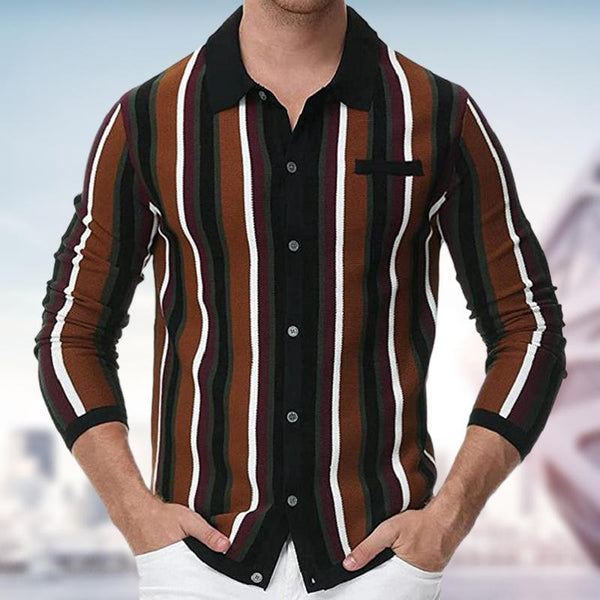 Men's Casual Thin Striped Knitted Long Sleeve Casual Polo Shirt 68778670M