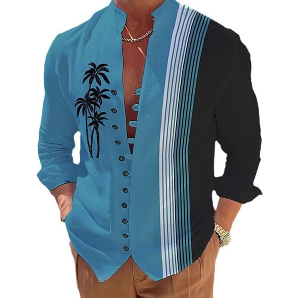 Men's Hawaiian Stand Collar Loose Vacation Beach Long Sleeve Shirt 50615724X