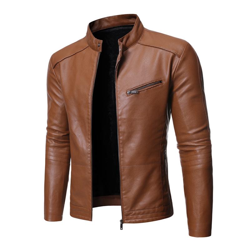 Men's Casual Solid Color Zipper Stand Collar Motorcycle Leather Jacket 91951708M