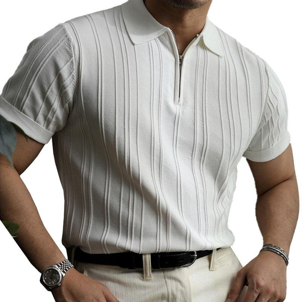 Men's Casual Striped Loose Lapel Zipper Knitted Short Sleeve Polo Shirt 22383022M