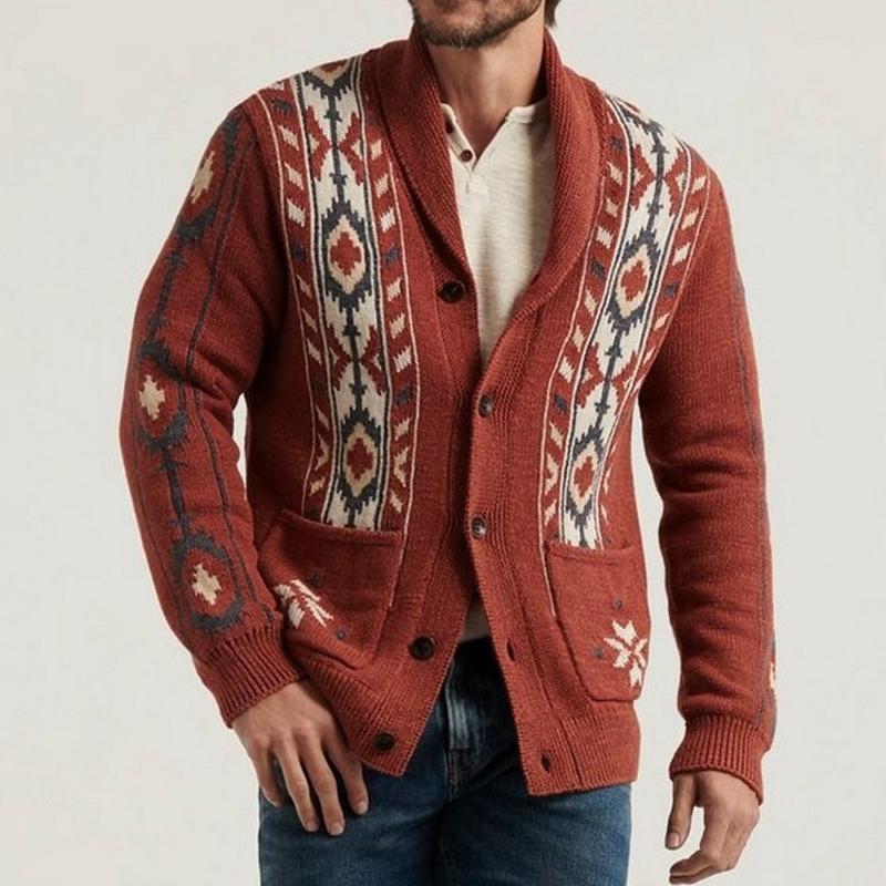 Men's Vintage Lapel Jacquard Long Sleeve Cardigan 57215280Y