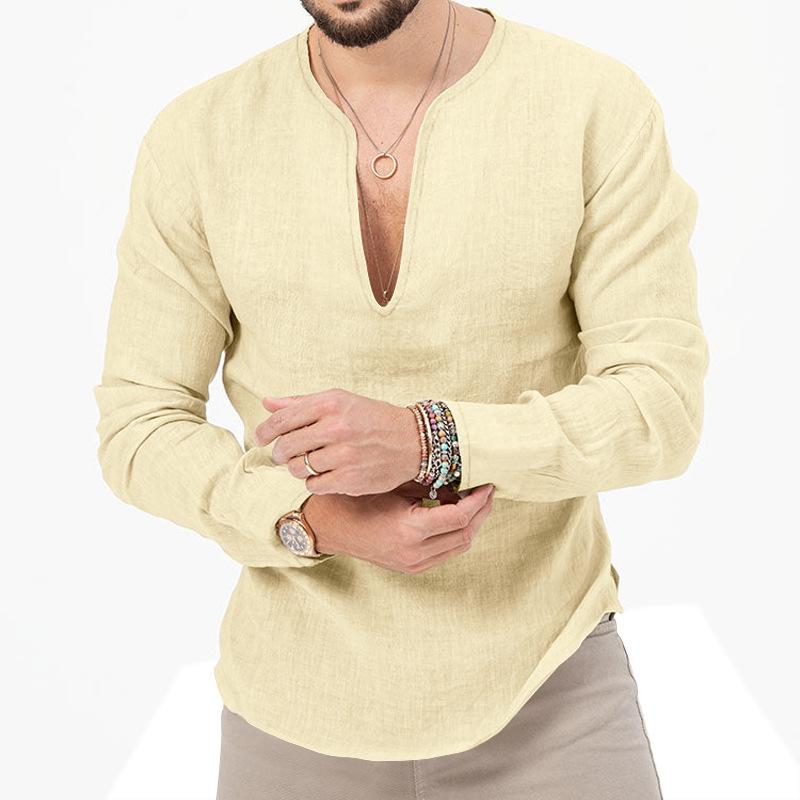 Men's Solid Color Long Sleeve Cotton Linen V-Neck Shirt 67779609X