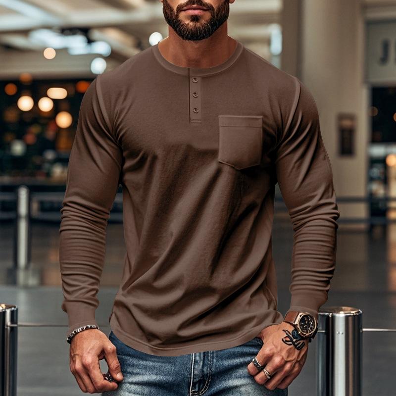 Men's Casual Crew Neck Cotton Blend Patch Pocket Long Sleeve T-Shirt 57193134M