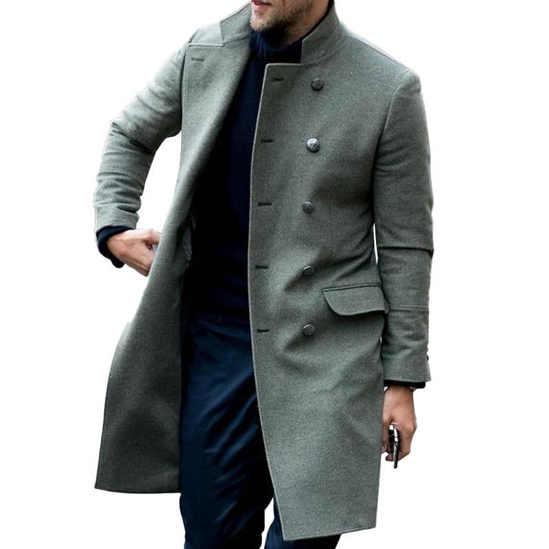 Men's Vintage Stand Collar Double Breasted Multi-pocket Slim Coat 50389697M