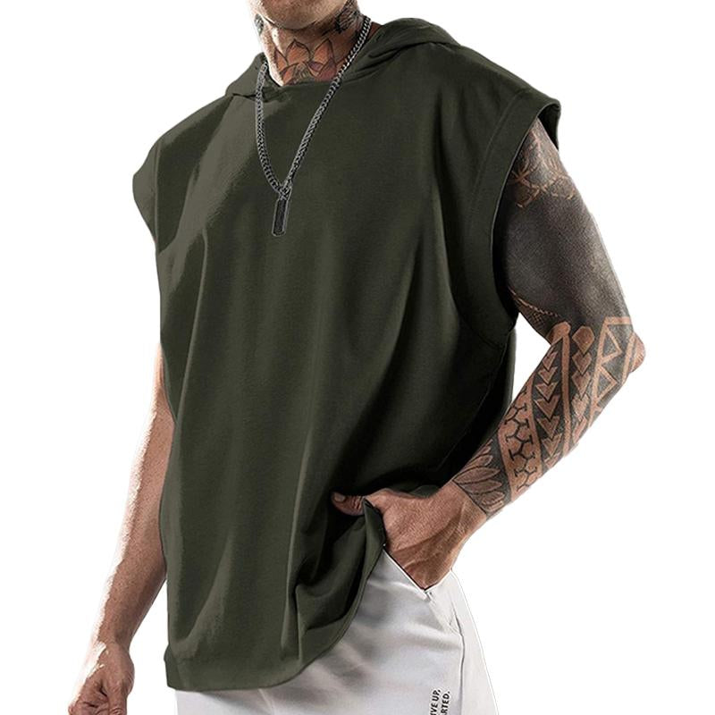 Men's Solid Color Hooded Loose Short Sleeve Tank Top 36177507X