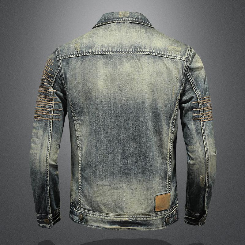 Men's Vintage Washed Lapel Slim Fit Denim Motorcycle Jacket 47091051M