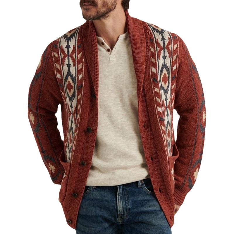 Men's Vintage Lapel Jacquard Long Sleeve Cardigan 57215280Y