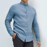 Men's Casual Cotton Linen Pleated Stand Collar Long Sleeve Shirt 37006886M