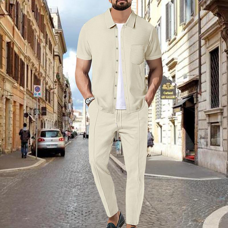 Completo da uomo con camicia e pantaloni a maniche corte in tinta unita a nido d'ape 59383797X