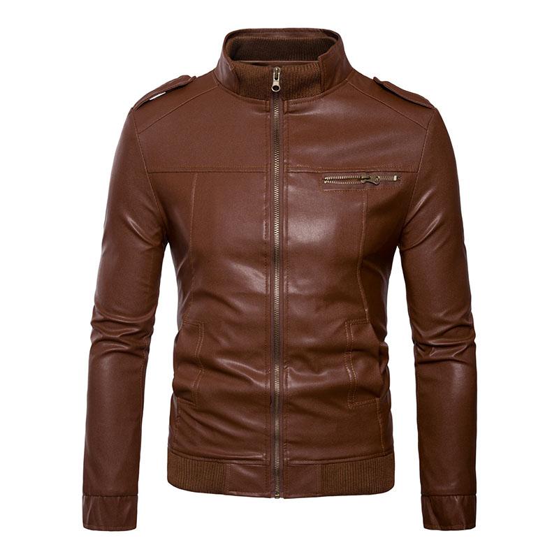 Men's Vintage Stand Collar Slim Fit Motorcycle Leather Jacket 53099827M