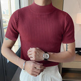 Men's Half Turtleneck Solid Color Tight Knitted Short-Sleeved T-Shirt 47280589Y