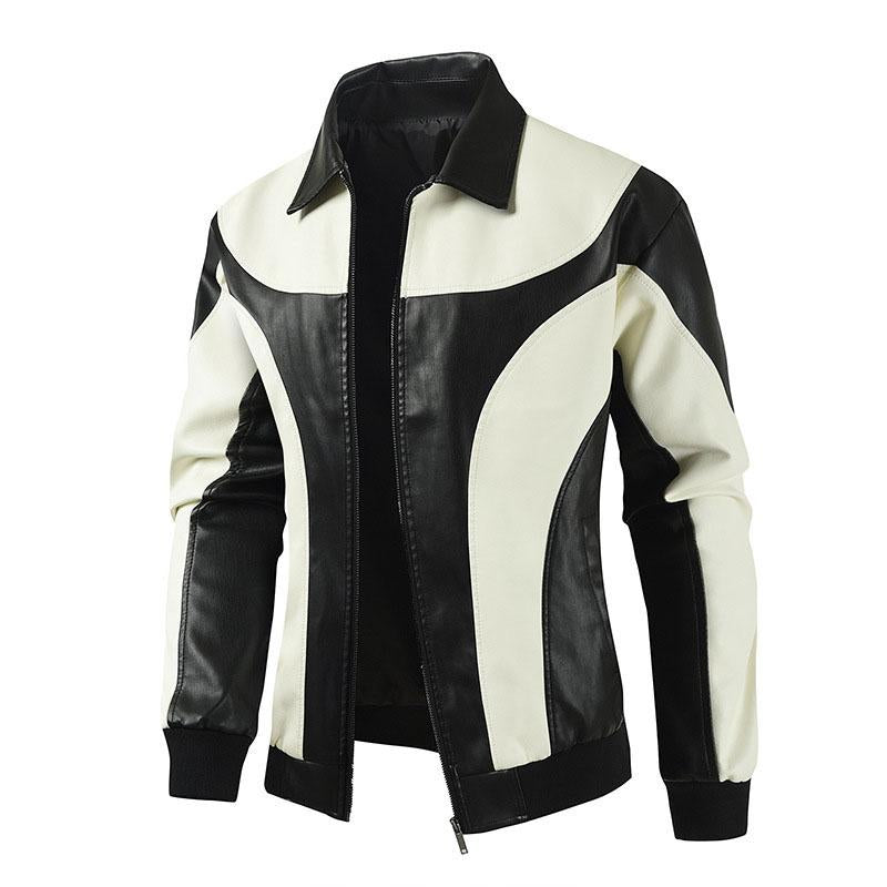 Men's Stylish Colorblock Pathcwork Lapel Leather Motorcycle Jacket 84370903M