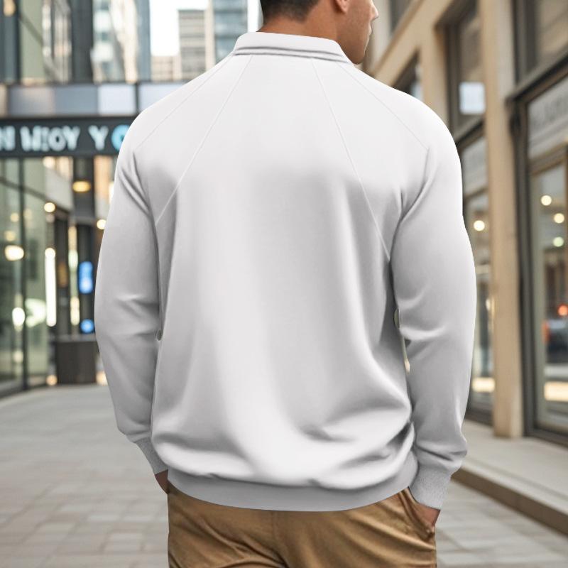 Men's Casual Solid Color Lapel Raglan Long Sleeve Polo Shirt 47889552M