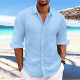 Men's Casual Cotton Linen Blend Lapel Long-Sleeved Shirt 45739465M