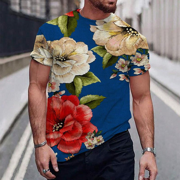 Men's Retro Floral Round Neck Printed Short-sleeved T-shirt 25807221TO