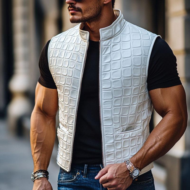 Men's Fashion 3D Leather Stand Collar Zipper Slim Fit Vest 78371754M